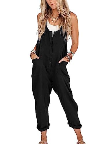 Yeokou Womens Overalls Linen Cotton Jumpsuits Loose Casual Jumpers with Pockets(Black-M) - Image 1