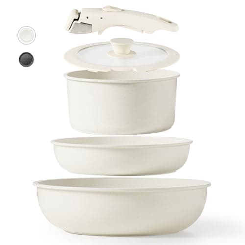 CAROTE Nonstick Cookware Sets, Non Stick Pots and Pans Set Detachable Handle, Kitchen Cookware Sets with Removable Handle, Stackable RV Cookware for Campers, Oven Safe (White 5 PCS) - Image 1