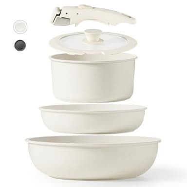 CAROTE Nonstick Cookware Sets, Non Stick Pots and Pans Set Detachable Handle, Kitchen Cookware Sets with Removable Handle, Stackable RV Cookware for Campers, Oven Safe (White 5 PCS) - Image 1
