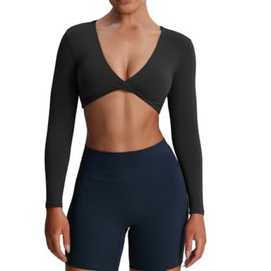 Aoxjox Long Sleeve Crop Tops for Women Sienna Twist Deep V Workout Cropped T Shirt Top (Black, Medium) - Image 1