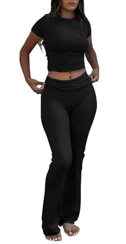 ZFLM Casual Workout Two Piece Outfits for Women Short Sleeve Crop High Waist Foldover Flare Pants Tracksuit Sets Streetwear - Image 1