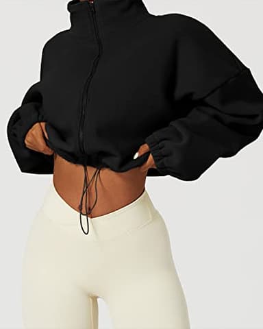 QINSEN Women's Full Zip Fleece Short Jacket Warm Winter Long Sleeve Stand Collar Sherpa Crop Coat Black S - Image 4