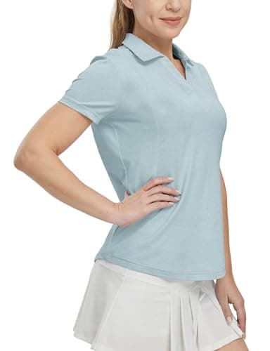 BGOWATU Women's Short Sleeve Golf Tennis Polo Shirts V Neck Collared Workout Tops UV Protection Dry Fit for Summer Gray Blue XS - Image 2