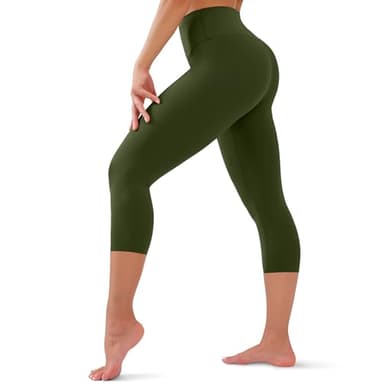 High Waisted Capri Leggings for Women - Tummy Control Soft Yoga Pants for Workout Running No See Through Plus Size Army Green - Image 1