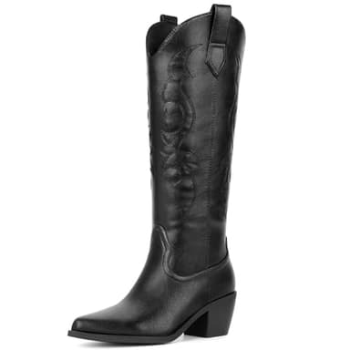 Platikly Black Cowboy Boots for Women - Embroidered Western Cowgirl Boots, Wide Calf Knee High Tall Footwear, Almond Pointed Toe Chunky Heel Pull On Zipper Classic Retro Country Style US 5 - Image 1