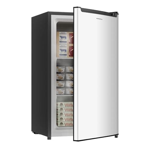 BANGSON 2.1 Cu.ft Upright Freezer, Compact Mini Freezer with Reversible Door, Adjustable Thermostat, Removable Shelves, Energy-Saving Small Freezer for Garage/Dorm/Office/Apartment, Silver - Image 1