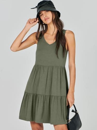 ANRABESS Womens Summer Casual Tank Dress Sleeveless V Neck T Shirt Sundress Flowy Tiered Swing Mini Beach Vacation Dresses Olive Green Medium - Image 3