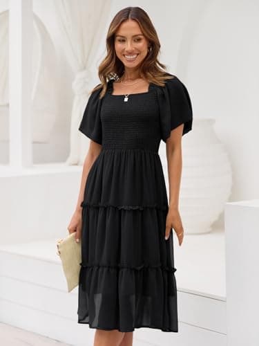 LILLUSORY Spring Midi Graduation Bridal Baby Shower Dresses Women 2024 Summer Casual Flowy Bridal Sun Sundress Trendy Brunch Cute Ladies Vacation Smocked Teacher Clothes Outfits Black - Image 2