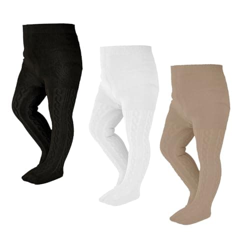 EPEIUS Baby Tights Toddler & Little Girls Cable Knit Tights Solid Cotton Stockings Seamless Footed Leggings Pantyhose Dress Tights Clothes 4-6 Years 3 Pack,Black/White/Khaki,XL - Image 1