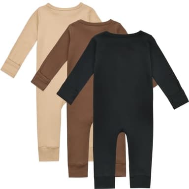 Aablexema Baby Cotton Fooltess Pajamas with Mitten, 3-pack Infant Romper Zip Up One Piece Jumpsuits Outfit(Black&Coffee&Camel,3-6m) - Image 2