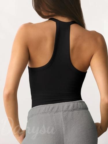Danysu V Neck Racerback Tank Top for Women with Built in Bra Ribbed Long Tank Fitted Basic Cami Tops Black S - Image 2