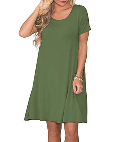 WNEEDU Women's Summer Casual T Shirt Dresses Short Sleeve Swing Dress with Pockets (L, Army Green) - Image 2