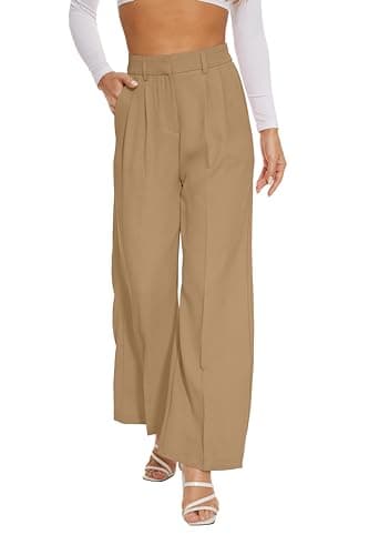 KICZOY Women's Wide Leg High Waist Pants Loose Fit Back Elastic Waist Pleated Front Trousers for Work Casual Khaki - Image 7