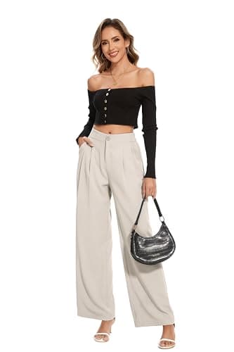 FUNYYZO Women Office Dress Solid Work Pants High Waisted for Women Business Long Lounge with Pockets A-Beige - Image 2