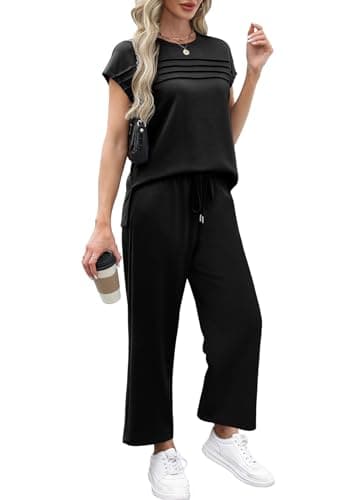 WIHOLL Workout Sets for Women 2 Piece Travel Outfits Summer Lounge Matching Sets Women's Clothing Fashion Travel Vacation Cruise Outfits Crew Neck Cap Sleeve Wide Leg Crop Pants Set 2025 Black M - Image 4