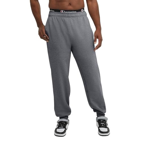 Champion Men's Fleece Joggers, Sweatpants, Standard Fit, Midweight, Script, Available in Regular and Big, Granite Heather-C Patch Logo, Large Tall - Image 1