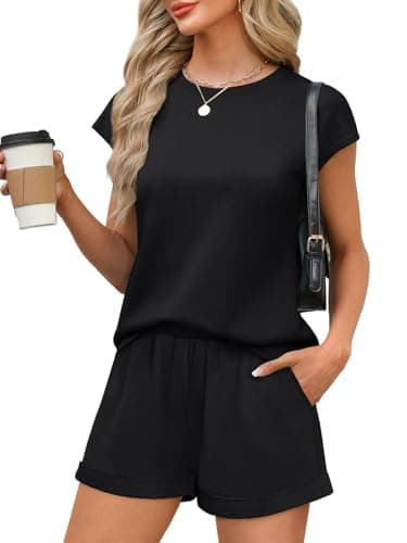 WIHOLL Summer Outfits for Women 2 Piece Sets Short Sleeve Basic Tops and Shorts Spring Travel 2025 Comfy Matching Sets Clothing Conjuntos De 2 Piezas Para Mujer Black M - Image 1