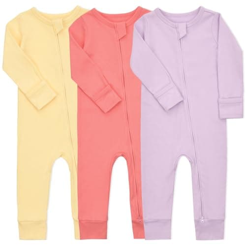 Aablexema Baby Cotton Fooltess Pajamas with Mitten, 3-pack Infant Romper Zip Up One Piece Jumpsuits Outfit(Purple&Yellow&Rose Pink,12-18m) - Image 1