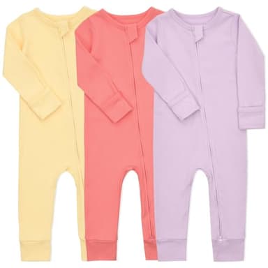 Aablexema Baby Cotton Fooltess Pajamas with Mitten, 3-pack Infant Romper Zip Up One Piece Jumpsuits Outfit(Purple&Yellow&Rose Pink,12-18m) - Image 1