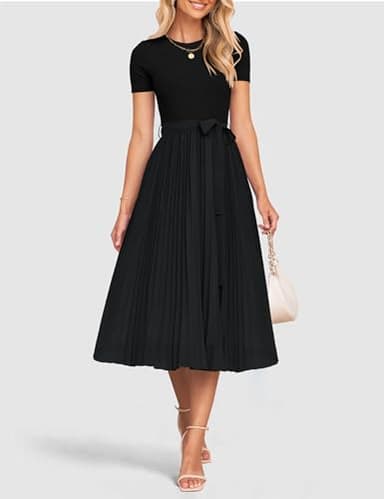 ZESICA Womens 2025 Summer Short Sleeve Midi Dresses Casual Crew Neck Knit Belted Pleated A Line Flowy Wedding Guest Dress,Black,Large - Image 2