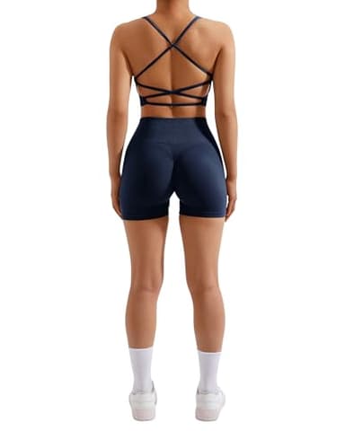 RXRXCOCO Seamless Workout Sets for Women 2 Piece Strappy Sports Bras Scrunch Butt Booty Shorts Matching Yoga Outfits Navy Medium - Image 3