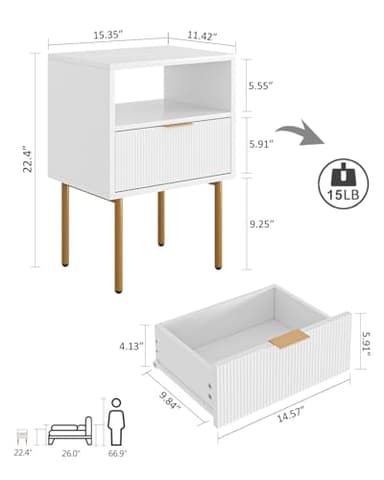 Masupu Nightstand,Mid-Century Modern Bedside Table with Storage Drawer and Open Wood Shelf,Small Gold Frame Side Table for Bedroom,Living Room,White - Image 2