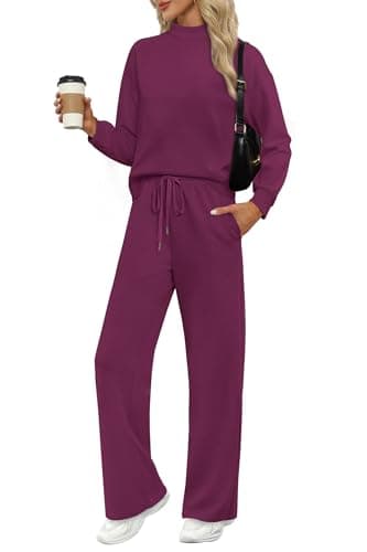 WIHOLL Sweat Suits for Womens 2 Piece Sets Mock Neck Casual Fall Long Sleeve Outfits Wide Leg Sweatpants Spring Travel Airport Outfits 2025 Fall Winter Dark Purple M - Image 1