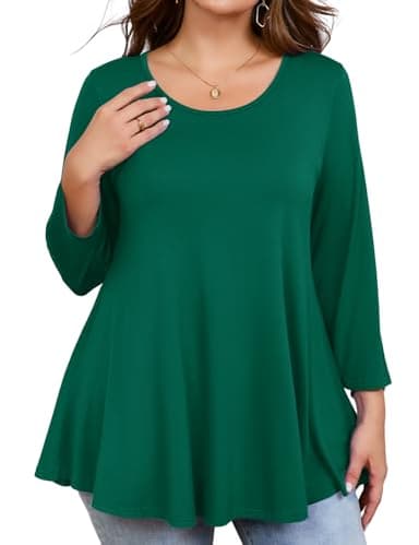 JollieLovin Womens 3/4 Sleeve Loose Fit Swing Tunic Tops Basic T Shirt(3X,Deep Green) - Image 3