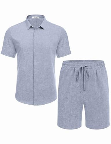 COOFANDY Men's Summer Beach Outfits 2 Piece Short Sleeve Shirts and Shorts Vacation Texture Linen Sets for Men,Blue,M - Image 4