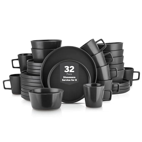Stone Lain Celina Stoneware 32 Piece Dinnerware Set, Plates and Bowls, Black Matte Dish Collection, Service for 8 – Contemporary Minimalist Style, Microwave & Dishwasher Safe - Image 1