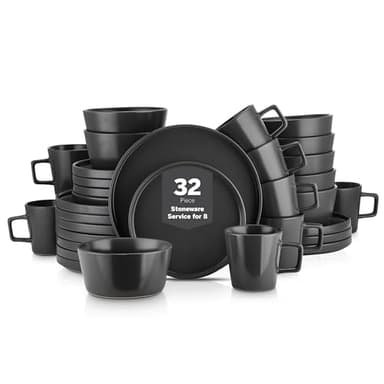 Stone Lain Celina Stoneware 32 Piece Dinnerware Set, Plates and Bowls, Black Matte Dish Collection, Service for 8 – Contemporary Minimalist Style, Microwave & Dishwasher Safe - Image 1