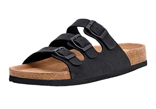 CUSHIONAIRE Lela Slip On Womens Sandals with Vegan Adjustable Straps & Genuine Suede Cork Footbed - Comfortable Memory Foam Sandals for Women 2025, BLACK 8 - Image 1
