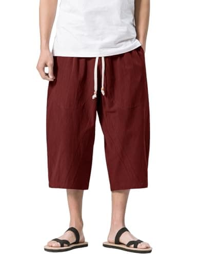 MAGNIVIT Men's 3/4 Pants Breathable Summer Beach Shorts Linen Pants with Pockets Red 40 - Image 5