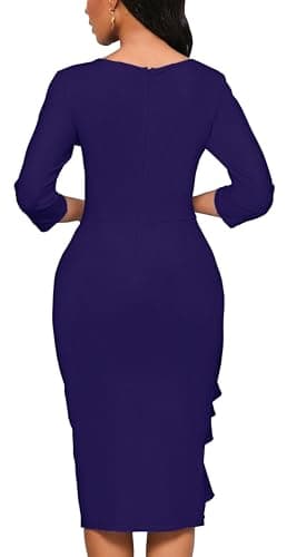 Purple Dress Women Summer Party 3/4 Sleeve Ruffle Peplum Work Midi Pencil Dress(Purple X-Large) - Image 6
