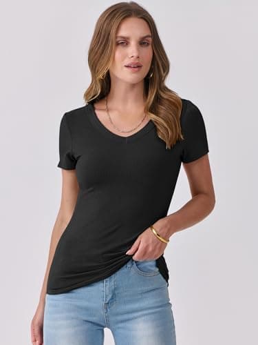 ANRABESS Women Short Sleeve V Neck Ribbed Knit Fitted Shirts Basic Tees Tops 2025 Summer Casual T-Shirts Going Out Outfits Black XX-Large - Image 6