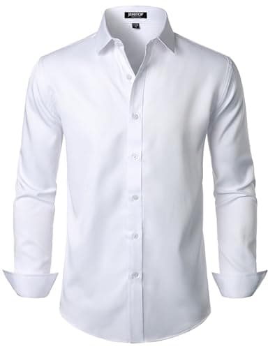 JEMITOP Men's Stretch Wrinkle Free Dress Shirts Formal Wedding Prom Long Sleeve Slim Fit Button Down Shirt Solid White XL - Image 1
