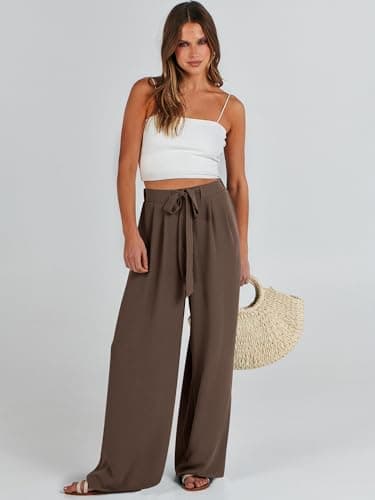 Caracilia Women Wide Leg Palazzo Pants Summer High Waist Flowy Casual Trousers Loose Lounge Beach Travel Vacation Clothes Brown Large - Image 7