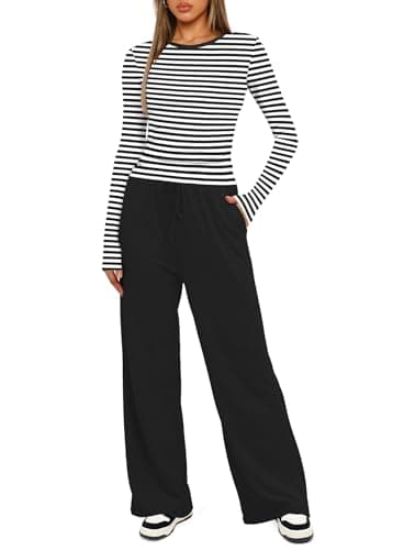 Darong Women's 2 Piece Sets Fall Outfits Long Sleeve Wide Leg Tracksuits Casual Sweat Sets Lounge Set 9065A Black Striped M - Image 4