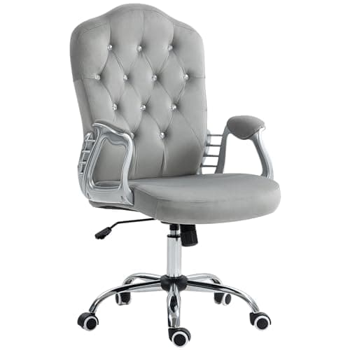 Vinsetto Home Office Chair, Velvet Computer Chair, Button Tufted Desk Chair with Swivel Wheels, Adjustable Height, and Tilt Function, Light Gray - Image 1