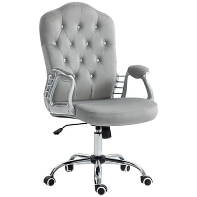Vinsetto Home Office Chair, Velvet Computer Chair, Button Tufted Desk Chair with Swivel Wheels, Adjustable Height, and Tilt Function, Light Gray - Image 1