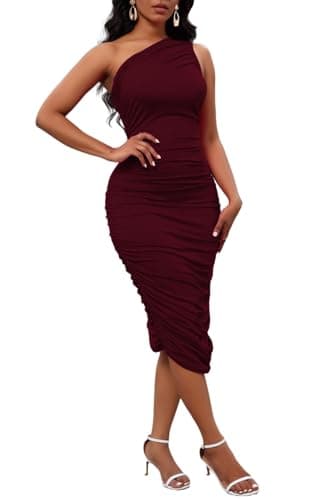 Women One Shoulder Dress Cocktail Sleeveless Sexy Dresses for Women Date Night Bodycon Party Midi Dresses Burgundy Medium - Image 5