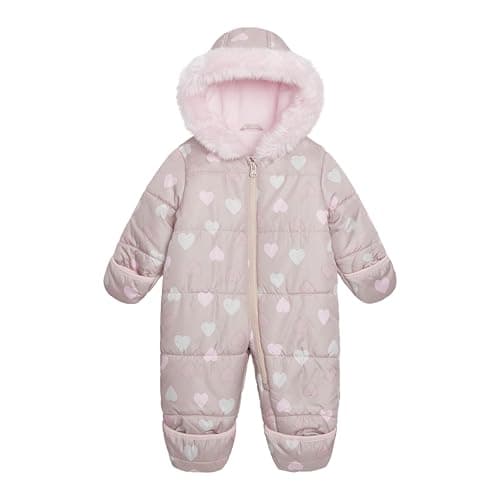 Carter's Infant Unisex Baby Puffer Pram Suit – Faux Fur Trim Hooded One-Piece with Cozy Insulation, Cream Pink Hearts, 6-9 Months - Image 1