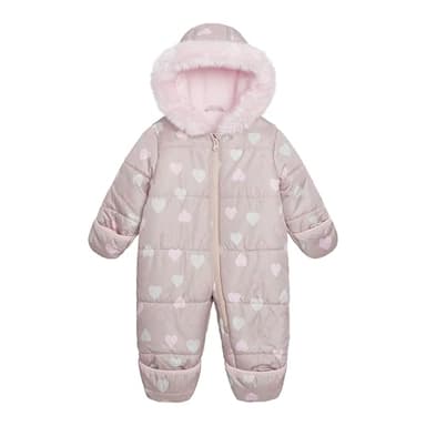 Carter's Infant Unisex Baby Puffer Pram Suit – Faux Fur Trim Hooded One-Piece with Cozy Insulation, Cream Pink Hearts, 6-9 Months - Image 1