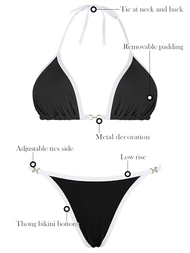 RELLECIGA Women's Thong Bikini Set Triangle Halter Brazilian Two Piece Swimsuit(Black,X-Large - Image 6