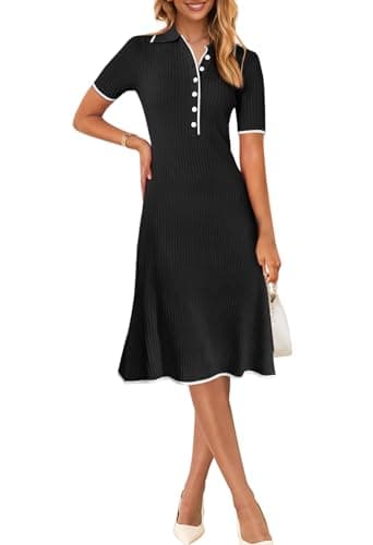 MEROKEETY Women's V Neck Ribbed Knit Midi Dress Short Sleeve Button Elegant Bodycon Sweater Dresses, Black, Large - Image 1
