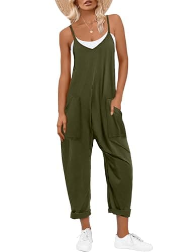 ANRABESS Jumpsuits for Women Casual Summer Overalls Sleeveless Spaghetti Strap Romper Jumpers Trendy Beach Vacation Outfits Army Green Small - Image 1