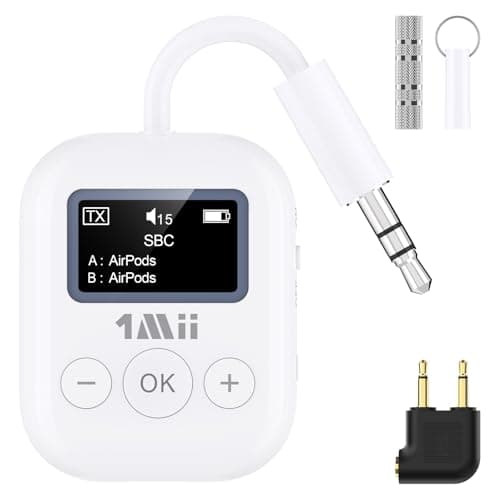 1Mii Bluetooth Transmitter for Airplane, Bluetooth 5.3 Adapter for TV,Airplane Travel Essentials, Aptx Low Latency Wireless Audio Aux for Headphones, Any 3.5mm Jack,Linking 2 Devices (White) - Image 1