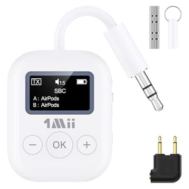 1Mii Bluetooth Transmitter for Airplane, Bluetooth 5.3 Adapter for TV,Airplane Travel Essentials, Aptx Low Latency Wireless Audio Aux for Headphones, Any 3.5mm Jack,Linking 2 Devices (White) - Image 1