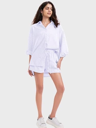 EXLURA Women's Summer 2 Piece Sets Long Sleeve Button Down Shirts Matching Short Sets Beach Vacation Cruise Outfits 2025 - Image 5