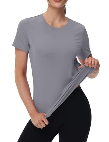 MAGCOMSEN Women Short Sleeve Rash Guard Shirts Athletic Workout Tops Quick Dry Hiking Shirts Women Tennis Activewear Tops Light Grey,XL - Image 3